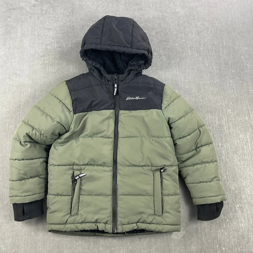 Eddie Bauer Kids 4T Green Puffer Jacket Sherpa Lined Hooded E5320W950